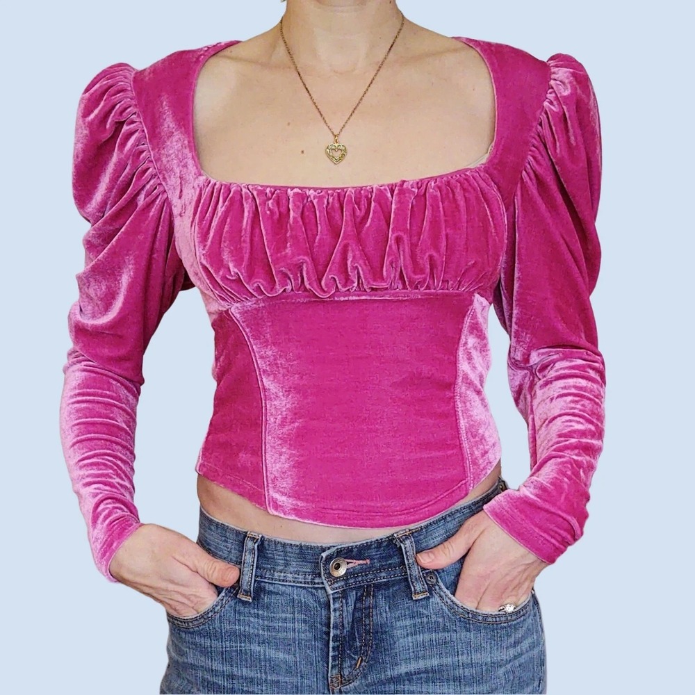 Free People Hold Me Velvet Top Womens XS Pink Ruched Puff Sleeve Milkmaid Corset